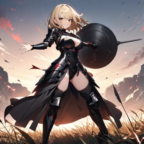 A woman in her 20s, wearing heavy black armor, black metal bracelet, black metal boots, with red details on the armor, short shoulder-length blonde hair, red bangs, smiles, multicolored hair,big breast,  brown eyes, sadistic smile, face of psychopath, evil...