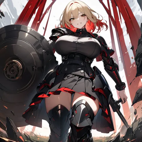 A woman in her 20s, wearing heavy black armor, black metal bracelet, black metal boots, with red details on the armor, short shoulder-length blonde hair, red bangs, smiles, multicolored hair,big breast,  brown eyes, sadistic smile, face of psychopath, evil...