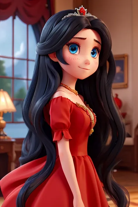  with long black hair,red dress with blue details,blue colored eyes,and princess crown 