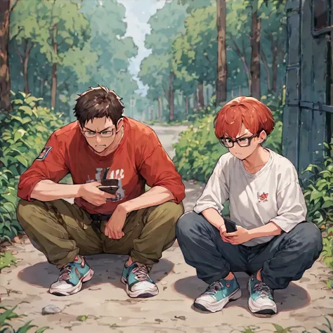 score_9, score_8_up, score_7_up, score_6_up, (score_anime),(Girls and boys), Girl, short red hair, glasses, loose angry sweatshirt, cargo pants, allstar sneakers, messing with the phone