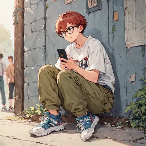 score_9, score_8_up, score_7_up, score_6_up, (score_anime),(Girls and boys), Girl, short red hair, glasses, loose angry sweatshirt, cargo pants, allstar sneakers, messing with the phone