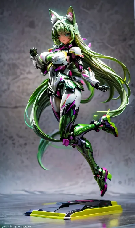  anime figure, figma,(detailed eyes))
1girl,((cat ears)),cat tail, ((long straight green hair:1.3)),big expressive neon green eyes,,expressive eyes,(((smile,blush wink))),(((full body:1.4))), ((mechanical full body suite, mecha)), feather robot wings,black...