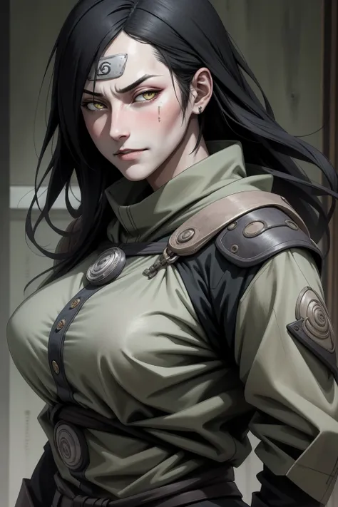 {-erro_de_anatomia:1.0} estilo anime, Masterpiece, absurdities, Orochimaru(Naruto), 1girl Solo, Mature woman, Oversized shirt with broad shoulders, Perfect composition, Detailed lips, large breasts, Beautiful face, body proportion, Blush, Long black hair, ...