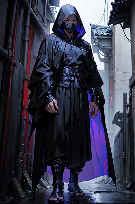 arafed hooded man in a black robe standing in a dark alley, wearing dark robe, hooded cloaked sith lord, wearing dark robes, wearing a black robe, wearing black robe, mystic ninja, wearing black sith robes, samurai jedi, dark flowing robe, cyberpunk samura...