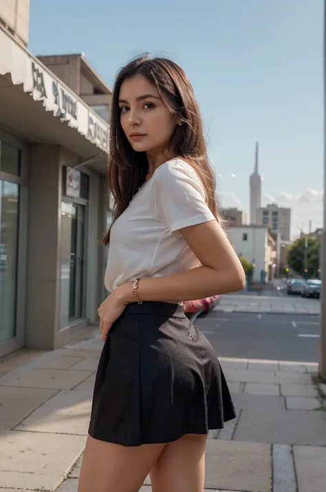 1girl in, 30 years old, Square face, Long hair, Looking at viewer, jewelry, Reality, Sexy, Short skirt outfit, sky background , free pose