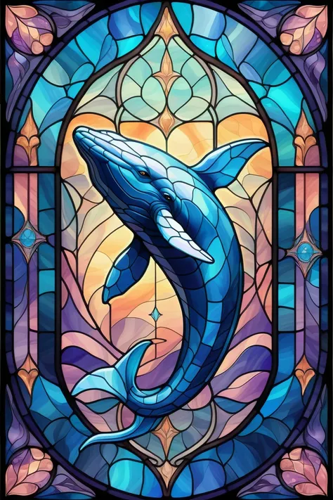 2D Stained Glass soft,pastel colors,blue whale in window frame. dungeons and dragons art. symmetrical design, in the style of stained glass. Digital stained glass style. pastel color scheme