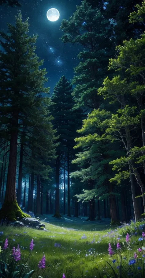 highly detailed, comforting moonlit meadow in a lush forest at night, dark colors, dark peaceful atmosphere, moonlight, night sky, stars, dense ancient trees, mossy rocks, long grass, wildflowers