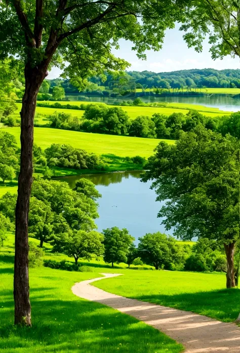 Landscape of a green meadow, flower path and large tree, beautiful on one side and in the background you can see a lake with crystal clear water and colorful fish