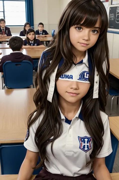 Screenshot of my hero academia. Girl with long, dark brown wavy hair with bangs. He has honey colored eyes and has a serious expression.. She is wearing the UA uniform and in the background there is a UA school class and she is sitting at a table.. anime.