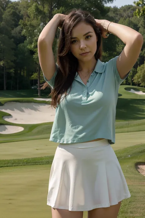 1girl in, 30 years old, Square face, Long hair, Looking at viewer, jewelry, Reality, Sexy, Short skirt outfit, , golf course backdrop, free pose