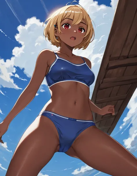 Masterpiece, highest quality, high definition, full body, girl alone, low angle, directly below, looking up from the feet to the head, blonde hair, bob cut, red eyes, sparkling eyes, ruby eyes, tanned skin, chocolate brown skin, dark skin, underwear, under...