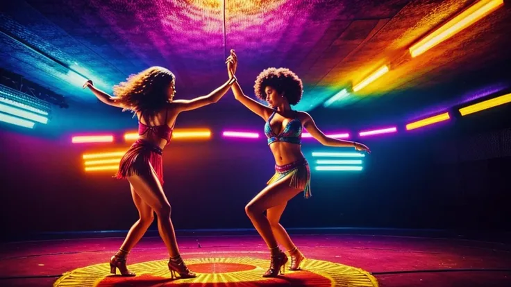 1970s, 2 beautiful multiracial women dancing, psychedelic atmosphere, cinematic action, masterpiece, super detail, textured skin, atmospheric perspective,