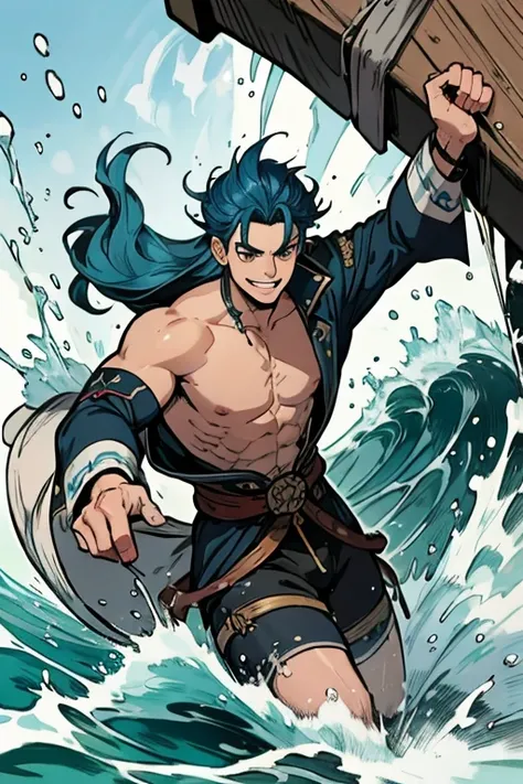 A muscular blue haired man with gray eyes and long hair in a pirates outfit is splashing in the waves with a big smile