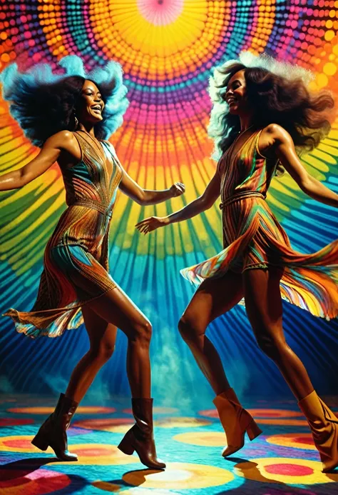 1970s, 2 beautiful multiracial women dancing, psychedelic atmosphere, cinematic action, masterpiece, super detail, textured skin, atmospheric perspective,