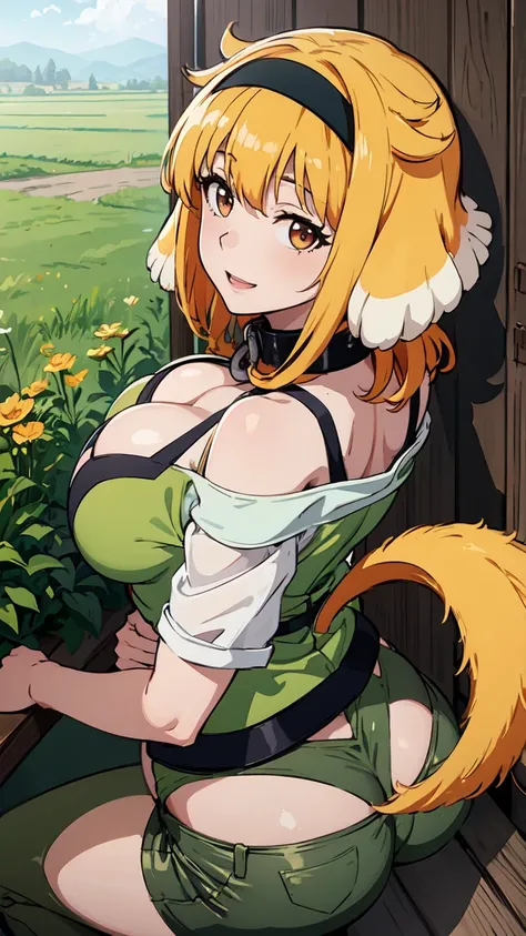 masterpiece, best quality, roxanne, dog ears, black hairband, [[[green hairband]]], collar, off-shoulder shirt, cleavage, green vest, green pants, large breasts, looking at viewer, ((dog tail above butt)), wedding_ring, happy, cabin, field, day