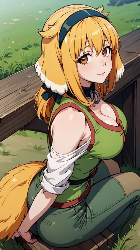 masterpiece, best quality, roxanne, dog ears, black hairband, [[[green hairband]]], collar, off-shoulder shirt, cleavage, green vest, green pants, large breasts, looking at viewer, ((dog tail above butt)), wedding_ring, happy, cabin, field, day