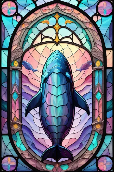 2D Stained Glass soft,pastel colors,sperm whale in window frame. dungeons and dragons art. symmetrical design, in the style of stained glass. Digital stained glass style. pastel color scheme