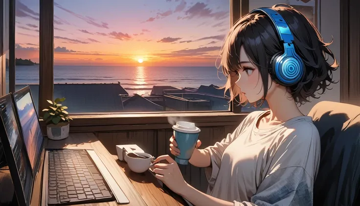 ((8k of extremely detailed CG unit, Masterpiece, high resolution, highest quality, highest quality real texture skin)), (((shoot from behind))), (wearing Japanese pattern headphones), ((1 girl)), ((Watching the sunset while sipping coffee in a cozy cafe)),...