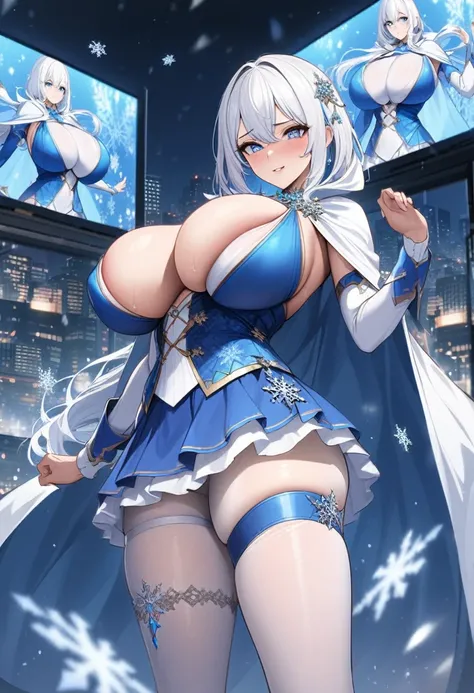 Become a, cityscape, night,Looking at the audience, blue eyes,Short skirt,Medium-length white hair, Blue Hair,cape, White pantyhose,snowflake, Floral, jewelry, gem,shining, Thigh straps,huge 、huge breasts，4K screen，Dance，Showing breasts