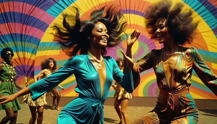 1970s, 2 beautiful multiracial women dancing, psychedelic atmosphere, cinematic action, masterpiece, super detail, textured skin, atmospheric perspective,