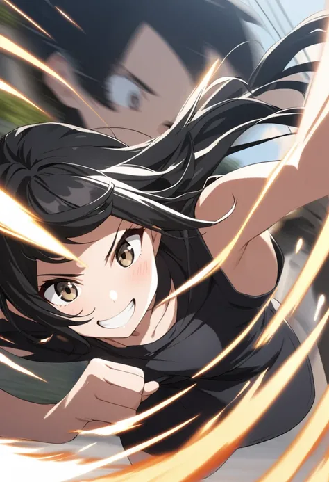 Running black-haired girl、fine、bright、smile、Speed