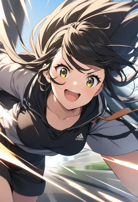 Running black-haired girl、fine、bright、smile、Speed