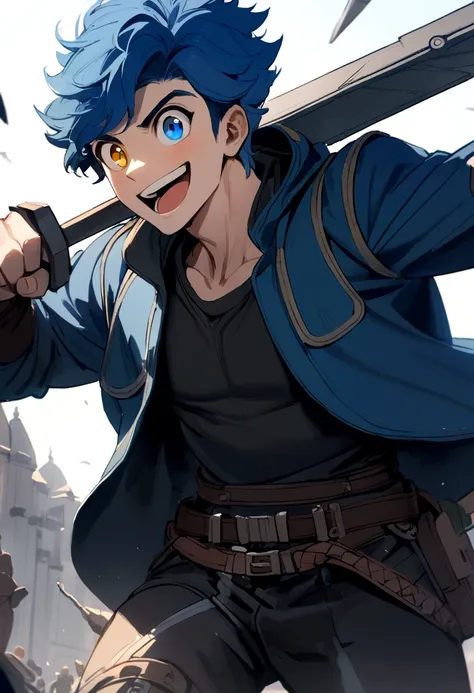 1homem, big blue hair, heterochromic eye, excited smile, black jersey, black and blue loose jacket, carrying a weapon