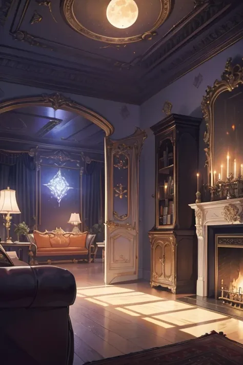 Interior, victorian Manor with reliquies, (((Nigth))), (((moonligth enters the living room))) soft pale orange palette, soft violet secundary exterior ligth 