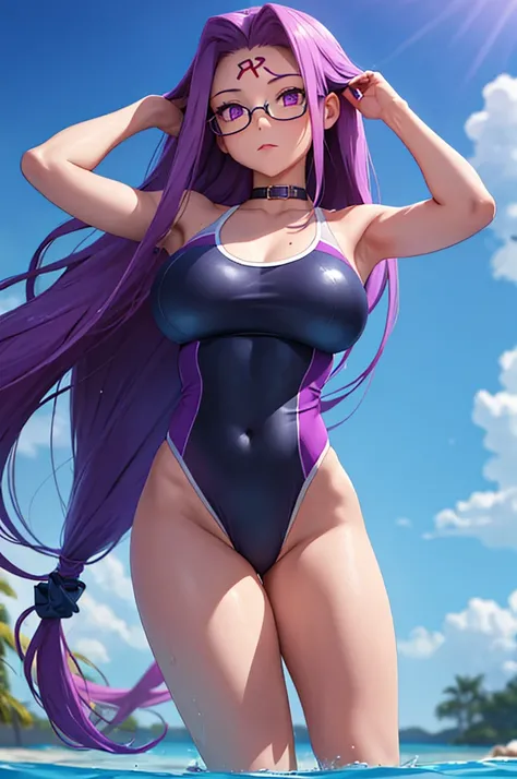 1girl, best quality, masterpiece, high resolution, solo, {blue school swimsuit:1.40}, {short school swimsuit:1.20}, {medusa_fgo:1.15}, long_hair, purple_hair, very_long_hair, purple_eyes, breasts, big_breasts, swimming pool, pool, de pie, school swimsuit.