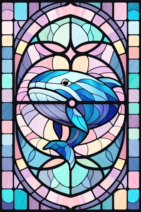 2D Stained Glass soft,pastel colors,whale in window frame. dungeons and dragons art. symmetrical design, in the style of stained glass. Digital stained glass style. pastel color scheme