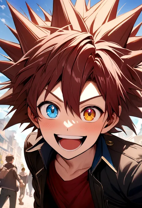 Teenage boy, big blue spiky hair, blue and brown heterochromatic eye, smile of excitement, dark red shirt with wing details, black jacket with light blue details, 