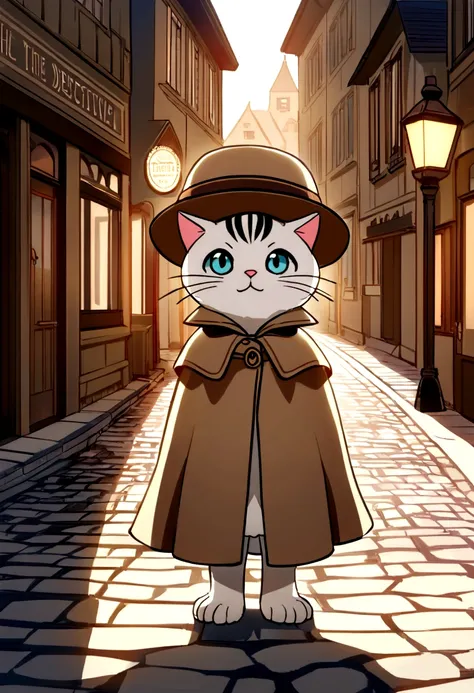 A cute and confident cat dressed as a detective, wearing a brown detective hat and a small cape. The cat is standing proudly in front of a sign that reads "Detective Agency". The background is a vintage-style street with cobblestone pavement and charming o...