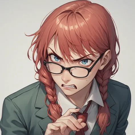 score_9, score_8_up, score_7_up, score_6_up, score_5_up, score_4_up, BREAK source_anime, 1girl, clothed, Red Chanel hair, glasses, angry