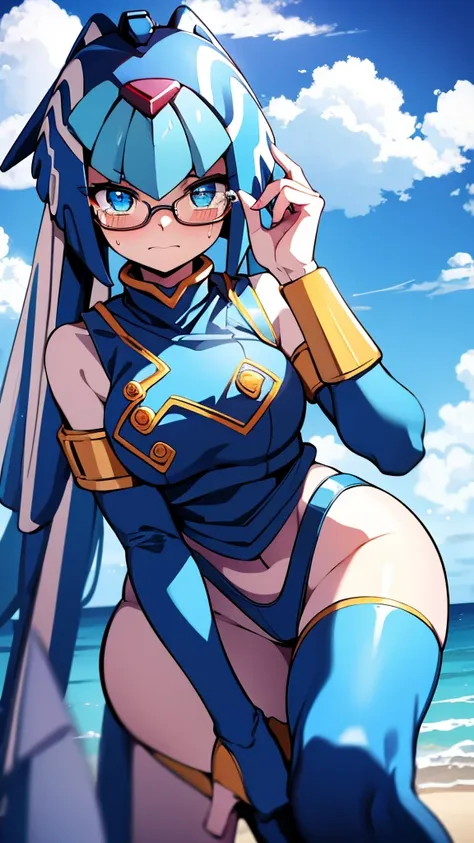 leviathan_megamanz, 1 girl, looking at viewer, blue hair, blue eyes,clouds background , blushed ,  , wedding ring, glasses, chib...