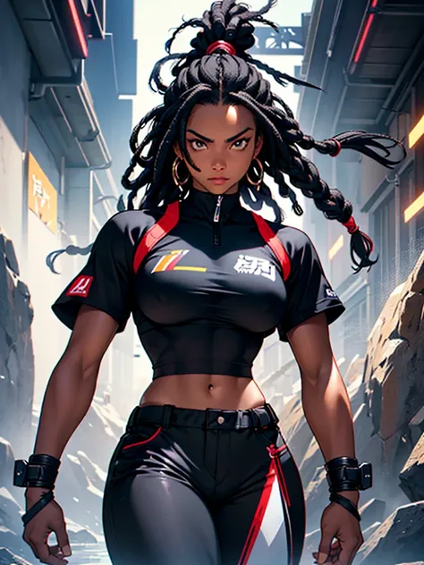 (Masterpiece artwork), A black woman with black hair, skin black, dreadlocks, long hair, loose hair (best qualityer), Ultra resolution, professional art, ultra detaild, perfect lighting, athletic body, big boobies, Bushido outfit, serious, facing the viewe...