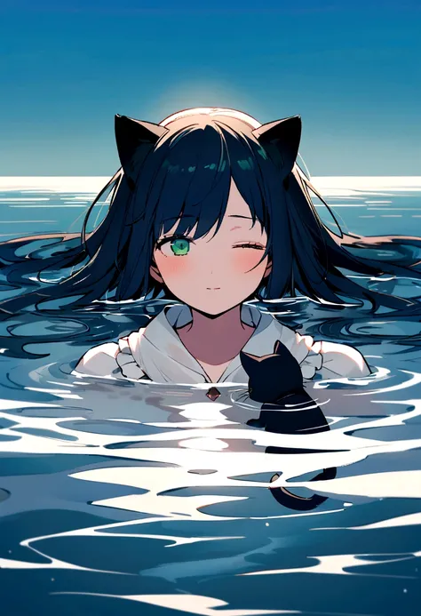 A 15-year-old girl with black cat ears and black hair, wearing a white dress with ruffles, lying on shallow water with a dreamy expression. Her right eye is dark blue, and her left eye is dark green. She has a strand of hair falling over the right side of ...