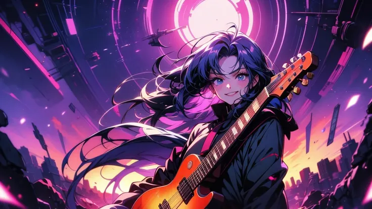 Long and purple haired anime girl holding a guitar, Anime Cover, Anime Moe Art Style, Best anime 4k konachan wallpaper, Anime Style 4k, Nightcore, anime peripheral, Anime Style, no game No life, mirai nikki, Smiling in despair, Anime Background, Akasuki Vo...