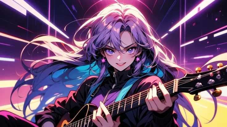 Long and purple haired anime girl holding a guitar, Anime Cover, Anime Moe Art Style, Best anime 4k konachan wallpaper, Anime Style 4k, Nightcore, anime peripheral, Anime Style, no game No life, mirai nikki, Smiling in despair, Anime Background, Akasuki Vo...