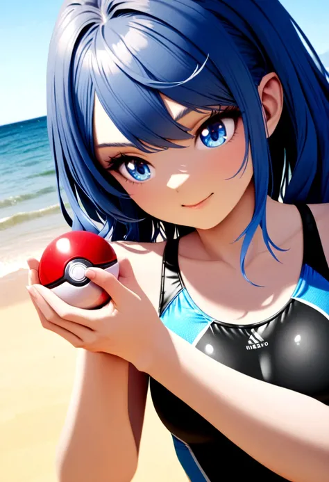 girl in a competition swimsuit, with blue hair and a pokeball in her hand on the beach