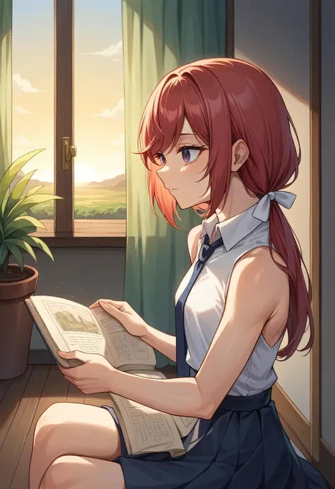 (masterpiece, best quality), 1girl, stoic, sitting on windowsill and reading book, beautiful face, upper body, close up, Gray eyes, red hair, swept bangs, low twin tails, white ribbons, sleeveless halter neck backless white collared shirt, dark blue neckti...