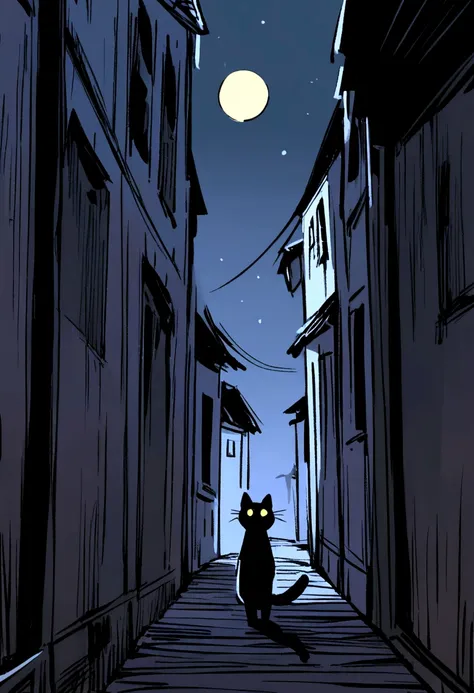 A surprised cat with wide eyes and raised fur, standing alert in a dark alley under the light of a full moon. The background shows a mysterious town with shadows cast by old buildings. Small, sketchy lines and musical notes in the air suggest the sound of ...