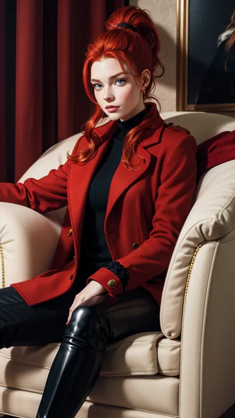 Sitting in the armchair, A beautiful redhead with a ponytail, in elegant black boots, elegant, beautiful female red coat, red painted nails, blue eyes, Beautiful young man, having beard 