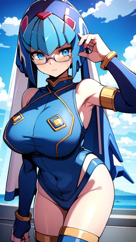 Leviathan_Megamanz, 1 Girl, looking at viewer, blue hair, Blue eyes,Clouds background , Blushed ,  , Wedding ring, Glasses, chibi , cool glasses, crying, funeral clothes 