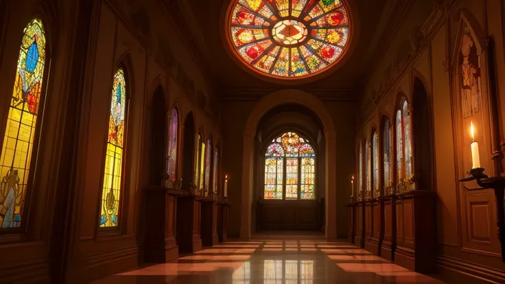 a confession room with stained glass windows, candlelight, religious iconography, moody lighting, dramatic shadows, ornate architecture, intricate details, warm colors, heavenly atmosphere, sacred ambiance, intimate setting, contemplative mood, spiritual e...