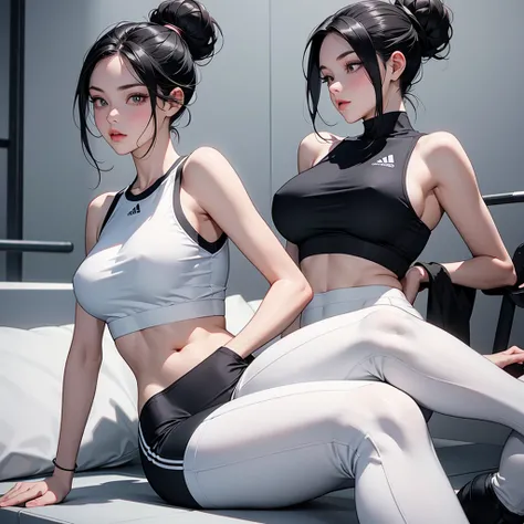 "Create a highly detailed and vibrant image of a lonely young woman with a sophisticated, adult-oriented appeal. She has long black hair and a high, sleek bun. She is dressed in a stylish, athletic outfit featuring white Adidas workout leggings with iconic...