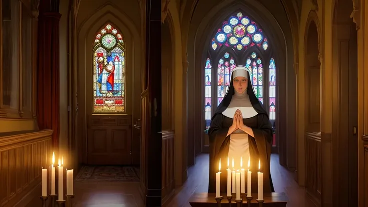 a nun in a dormitory, detailed interior, wooden furniture, candle light, prayer book, crucifix, stained glass window, ornate architecture, (best quality,4k,8k,highres,masterpiece:1.2),ultra-detailed,(realistic,photorealistic,photo-realistic:1.37),cathedral...