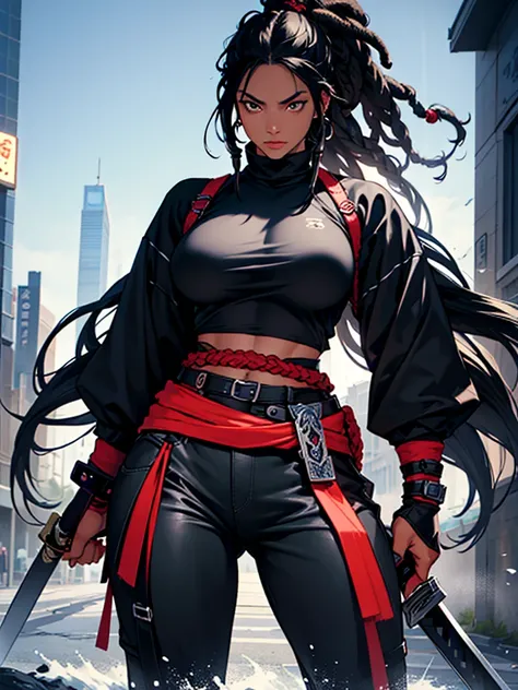 (Masterpiece artwork), A black woman with black hair, skin black, dreadlocks, long hair, loose hair (best qualityer), Ultra resolution, professional art, ultra detaild, perfect lighting, athletic body, big boobies, Bushido outfit, serious, facing the viewe...