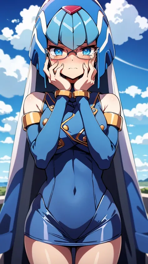 Leviathan_Megamanz, 1 Girl, looking at viewer, blue hair, Blue eyes,Clouds background , Blushed ,  , Wedding ring, Glasses, chibi , cool glasses, crying, funeral clothes , Black Dress, Hands on face crying 