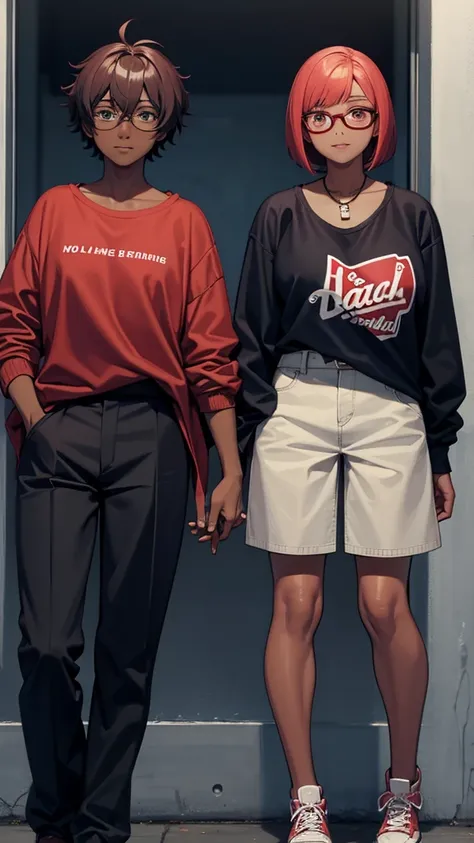  with red over-the-shoulder bob hair who wears glasses and baggy clothes and a dark-skinned friend who wears glasses, with casual clothes, Theyre together