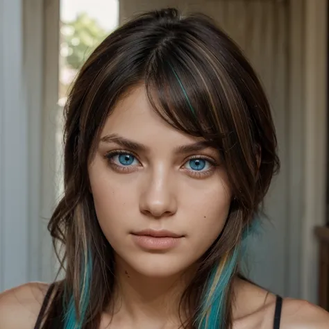 light blue eyes, hair with colored highlights, slightly dark skin, South American origins 